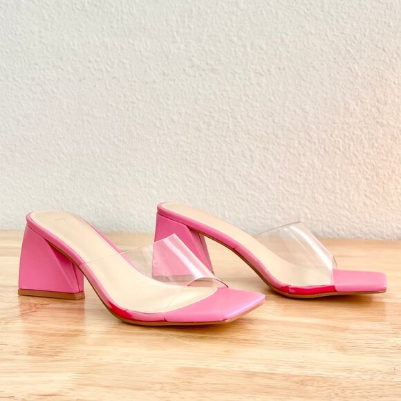 Women's 8.5 Hot Pink/Clear Block Heel Square Toe Mule Slide Summer Sandals - Picture 5 of 11